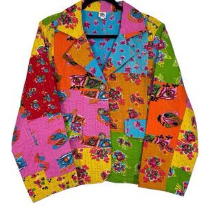 Quilted Patchwork Kantha Jacket Womens Large Ivy Jane Floral Colorful Stitched
